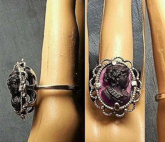 1910 Amethyst Glass Cameo Ring Wears A Downton Abbey Crown Curly Hair, Jewelry,